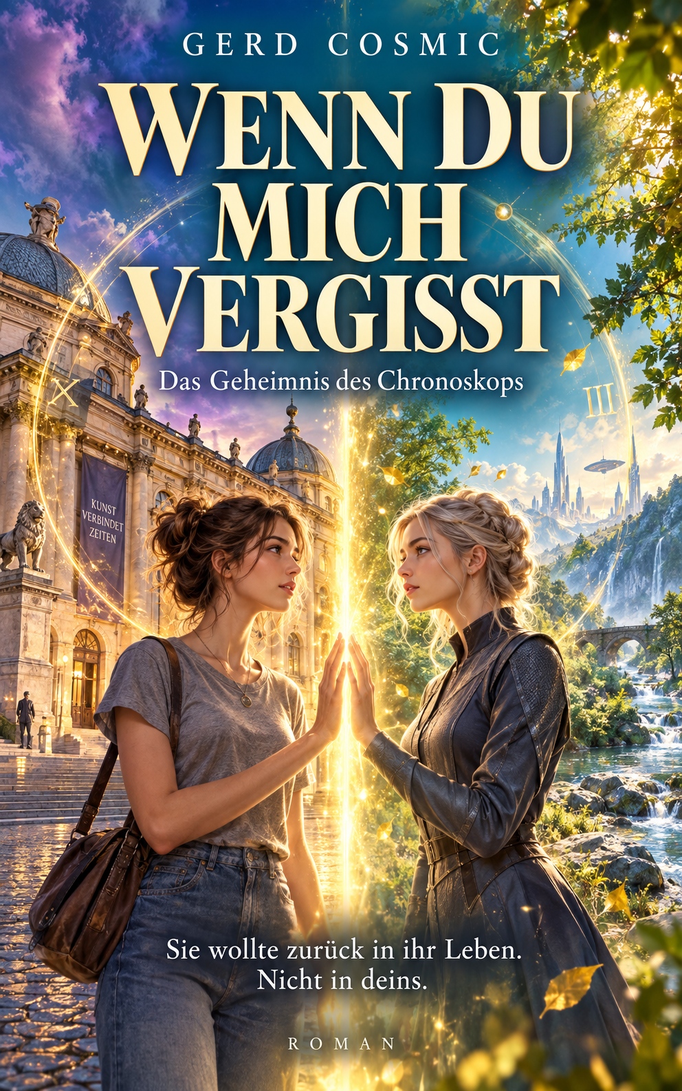 Buchcover von Wenn du mich vergisst: Zwei junge Frauen begegnen sich an einer leuchtenden Grenze zwischen Museum und Zukunftslandschaft.